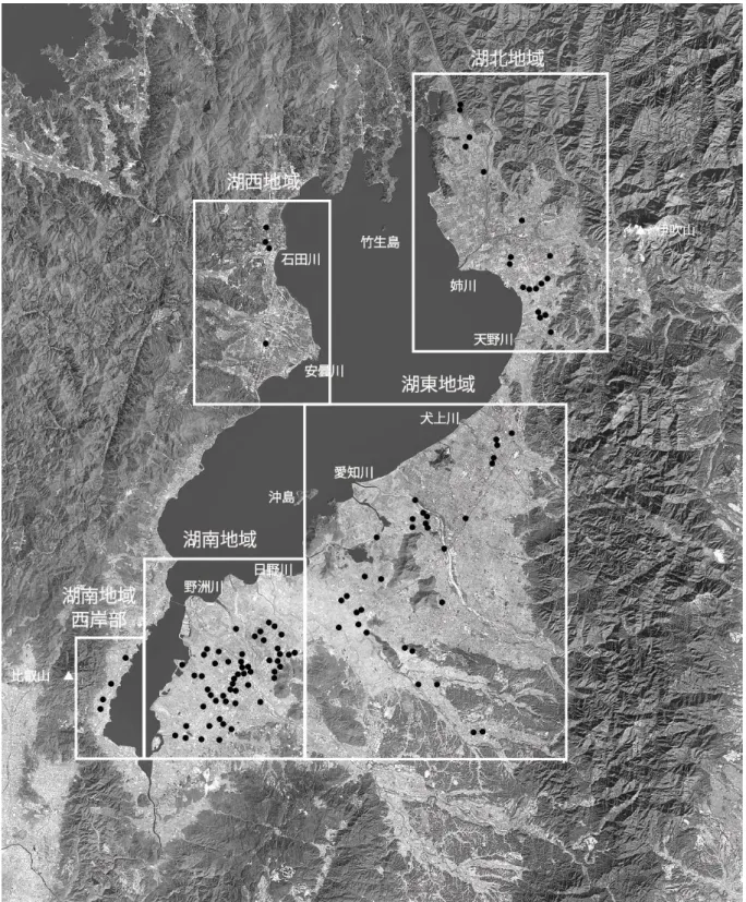 図 5  近江の方形周溝墓遺跡の地域分け（ ● は遺跡）