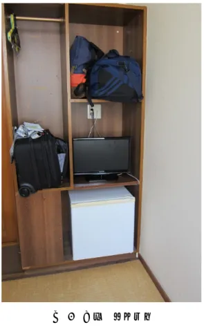 図   5 写真  部屋状況 3.5 測定方法 1) アレルゲン量  敷き布団のアレルゲン量を測定した。敷布団は、 表裏面があり、運用に伴い変更される恐れがあっ たことから、捕集は、表裏面を同時に採取した。 ダストは、ゴミ取り袋 SES を掃除機に設置し、 1m 2 を 1 分間程度となるように採取した。その後分析 まで冷凍保管し、 Elisa 法にて分析した。本調査で は、コナヒョウヒダニの糞 (Der f1) およびヤケヒョ ウヒダニの糞 (Der p1) をそれぞれ分析した。 2) 温湿度  滞在時の
