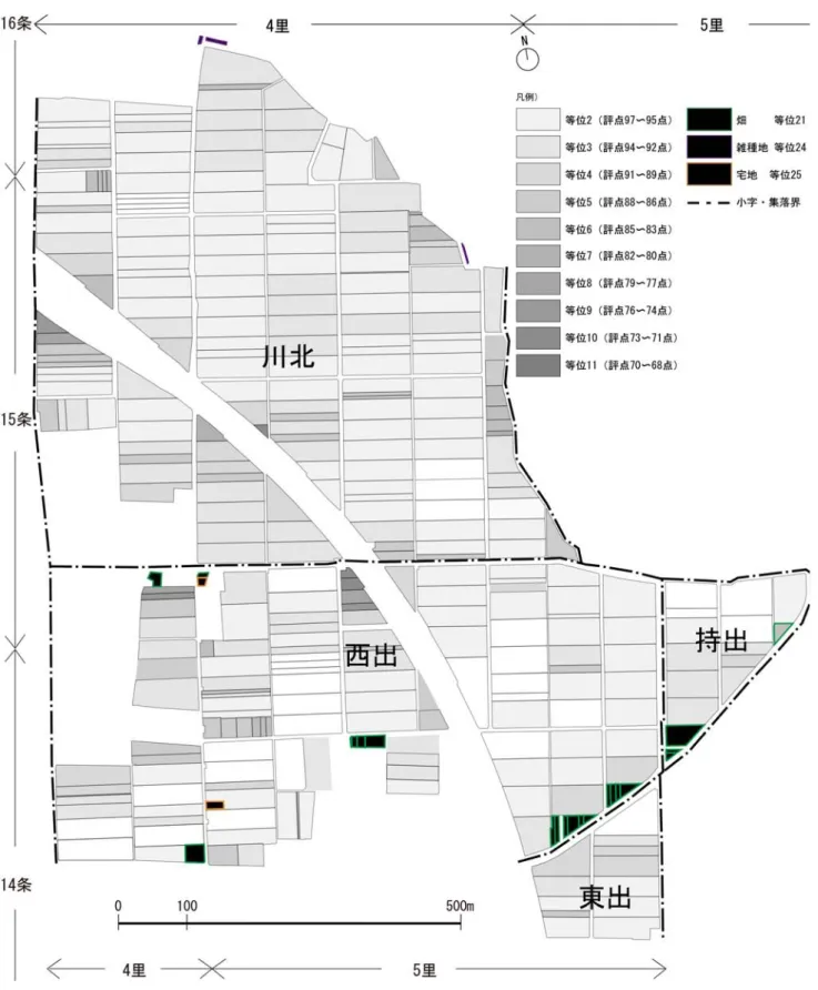 図 3-15  針江地区の換地後の耕作地の等位と土地利用 