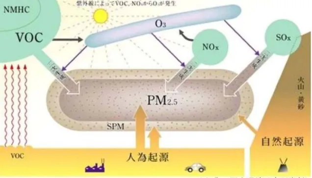 図 1.3.1  PM 2.5 の発生メカニズム 27) 本研究の目的は、以下の 3 点である。  ①   NO X を除去する対策として、幹線道路の交差点近傍の道路敷地内で適応でき、 施工後の維持管理費が高額にならない技術・方法を確立させることである。  ② PM2.5 については、今後、効果的な環境改善対策が検討できるように、道路交 差点における大気粒子の特徴を把握する必要があるため、新しい視点として街 路 樹 の 葉 に 付 着 し た 粒 子 の 形 態 観 察 と 大 気 中 の 浮 遊 粒 子 