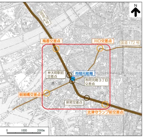 図 2.5.1  市岡元町３丁目交差点の位置(大阪市港区)   表 2.5.1  環境省が公表する NO 2 濃度が高い上位の自排局(2007 年:平成 19 年度)  及び市岡元町局（国土交通省）の NO 2 濃度  測定局名  都道府県  市区町村  日平均値の 年間 98％値 （ppm）  環境基準 大平（インター出入口） 愛知県  岡崎市  0.074  非達成  市岡元町(国土交通省) ＊ 大阪府  大阪市  0.074  非達成  環七通り松原橋  東京都  大田区  0.073  非達成  玉