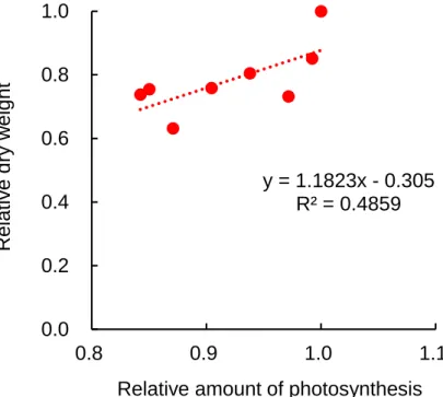 Fig. 2.11 The relationship between relative amount of photosynthesis and relative dry weight of tomato  seedlings at 15 days after sowing (DAS) in Exp