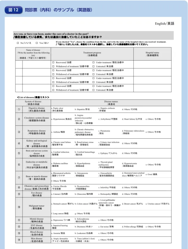 図 12 問診票（内科）のサンプル（英語版）