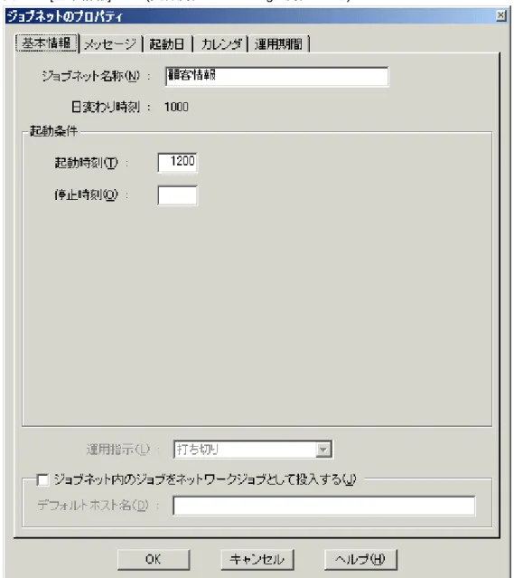 図 4.16 [ 基本情報 ] シート ( 実行属性が Interstage 属性のとき ) [ ジョブネット名称 ] ： ジョブネット名称を指定します。 [ 日変わり時刻 ] ： カレンダ機能で設定されている日変わり時刻が表示されます。 [ 起動時刻 ] ： ジョブネットを起動する時刻を指定します。 [ 停止時刻 ] ： ジョブネットを停止する時刻を指定します。 [ ジョブネット内のジョブをネットワークジョブとして投入する ] ： ジョブネット内のジョブをネットワークジョブとして投入するときに指定します。
