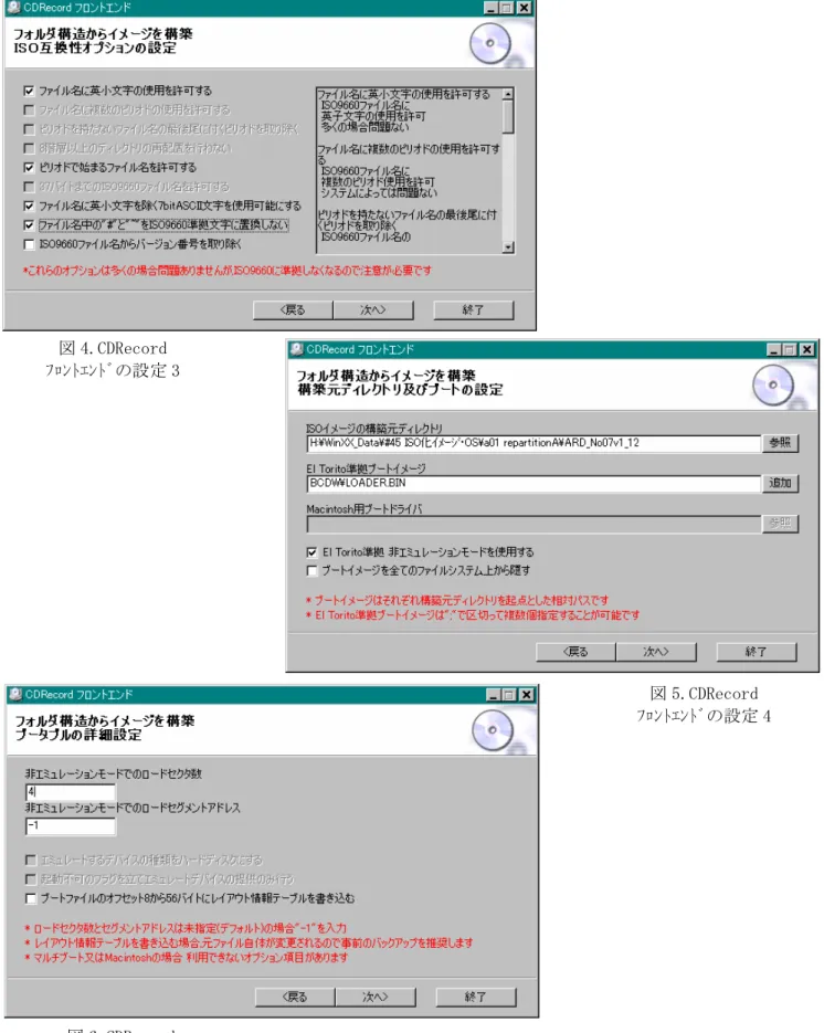 図 4.CDRecord  ﾌﾛﾝﾄｴﾝﾄﾞの設定 3  図 5.CDRecord  ﾌﾛﾝﾄｴﾝﾄﾞの設定 4 図 6.CDRecord  ﾌﾛﾝﾄｴﾝﾄﾞの設定 5 