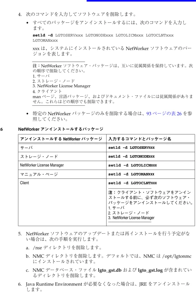 表 26 NetWorker  アンインストールするパッケージ
