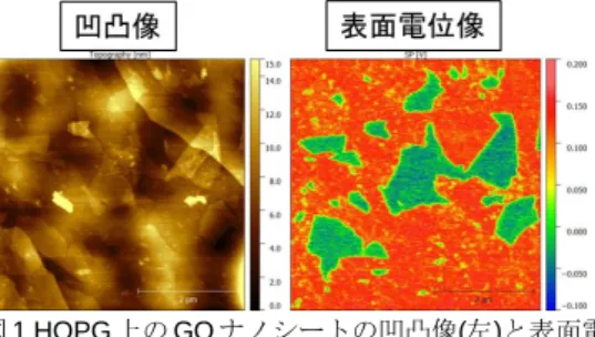図 1 HOPG 上の GOナノシートの凹凸像(左)と表面電位