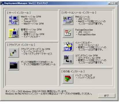 図  6-7 DPM インストールランチャ  コンピュータで動作させるアプリケーションによっては、サービスの自動起動がおこなわれると不 具合が発生する場合があります。この場合、サービスの自動起動を行わない設定にしてからバ ックアップイメージを採取してください。  手順 3