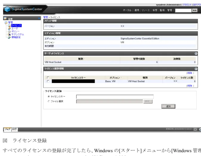 図　ライセンス登録 すべてのライセンスの登録が完了したら、 Windows の[スタート]メニューから[Windows 管理 ツール ]→[サービス」で[PVMService]を再起動してください。 4.3   死活監視の基本設定 SSC で死活監視を行う場合は、全体としてどの死活監視を有効にするのか、どういった間隔 で実行するのかの基本の設定をしておきます。その上でそれぞれの管理対象ではどの死活 監視を利用するのかだけを別に設定します。 基本設定を行うために[管理]ビュー（画面右上の[管理]をクリック）を