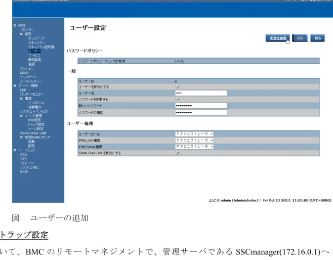 図　  ユーザーの追加 ◇トラップ設定 続いて、 BMC のリモートマネジメントで、管理サーバである SSCmanager(172.16.0.1)へ SNMP アラートを行うための設定をします。手順については、「BMC/CMC 管理コンソール ユーザーズガイド」の「 5