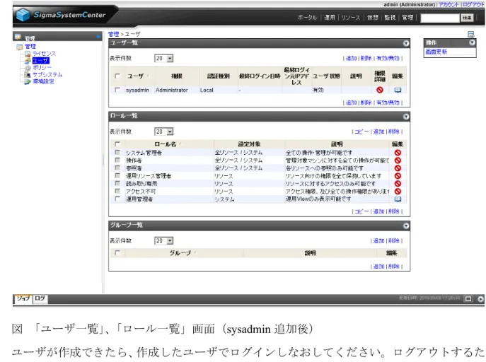 図　 「ユーザ一覧」 、 「ロール一覧」画面（sysadmin 追加後） ユーザが作成できたら、作成したユーザでログインしなおしてください。ログアウトするた めには、画面右上の[ログアウト]をクリックします。 4.2   ライセンスの登録 ライセンス登録を行います。画面右上の[管理]をクリックし、[管理]ビューに移動します。 画面左側のツリービューにある [ライセンス]をクリックし、遷移した画面の一番下にある[ラ イセンス追加 ]の枠の[ライセンスキー]ラジオボタンを選択します。[ライセンスキー]のテキ ス