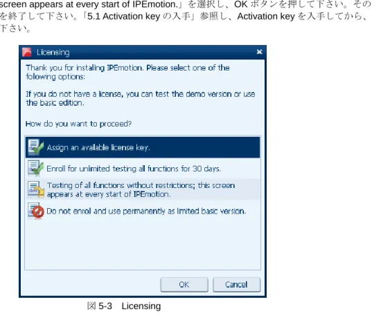図 5-4 が表示されたら、メールで受信した Activation key をコピーし、貼り付けます。Assign ボタンを押しま す。  図 5-3  Licensing  図 5-2  IPEmotion ショートカット  メールからコピーした Activation  key をここに貼り付け（ペースト）   