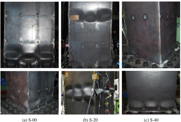 Fig. 2-3. Failures of stiffened rectangular section specimens observed after static cyclic loading tests 