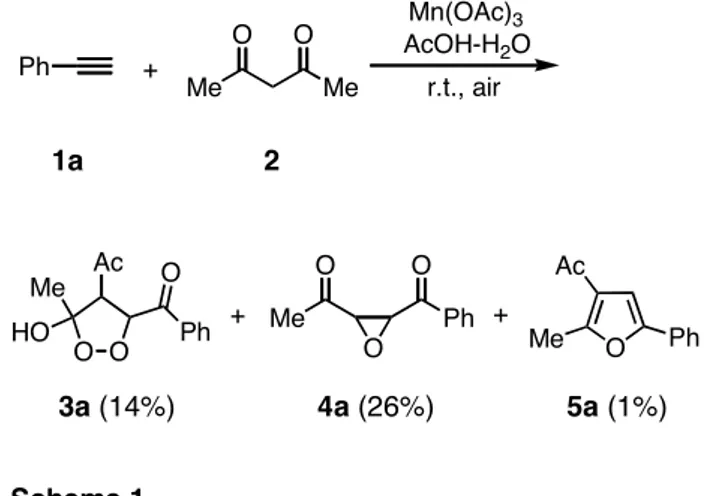 Table 1. Reaction of phenylacetylene (1a) with 2,4- 2,4-pentanedione (2) in the presence of manganese(III)  acetate a Time  Product  (Yield, %)  Entry  1a:2:Mn(OAc) 3 h  3a b   4a b 6 c 1  1:5:2.5  24  19  5  2  2  1:5:2.5  36  16  4  2  3 d 1:5:2.5  12  4