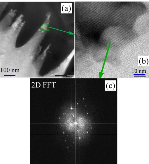 Fig.  6.  Nanocrystals  on  cone  tips.  (a)  nanocrystals  on  the  middle  side  of  nano-cone,  (b)  magnified TEM view showing regular lattice of Si crystal, (c) two-dimensional FFT of the  image (b), showing crystal component