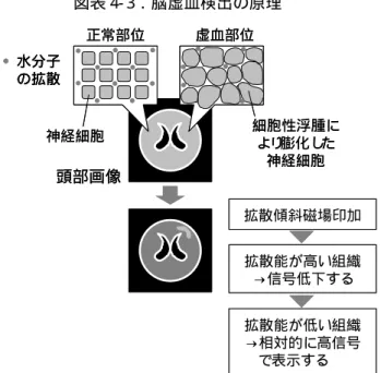 図表 4- 3．脳虚血検出の原理  正常部位 虚血部位 細胞性浮腫に より 膨化し た 神経細胞神経細胞水分子の拡散 拡散傾斜磁場印加 拡散能が高い組織 →信号低下する 拡散能が低い組織 →相対的に高信号 で表示する   頭部画像正常部位虚血部位細胞性浮腫により膨化した神経細胞神経細胞水分子の拡散水分子の拡散 拡散傾斜磁場印加拡散能が高い組織→信号低下する拡散能が低い組織→相対的に高信号で表示する  頭部画像 出典：日立メディコ社の資料をもとに作成  f-MRIは、世界各地で多くの研究開発が進められている。