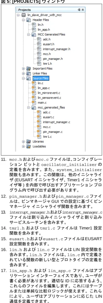 図 5: [PROJECTS] ウィンドウ 11. mcc.h および mcc.c ファイルは、 コンフィグレー ション ビットと oscillator_initializer の 定義を含みます。また、system_initializer 関数も含みます。この関数は、他のイニシャライ ザ (EUSART イニシャライザ、Timer1 イニシャラ イザ等 ) を内部で呼び出すアプリケーション プロ グラム内で呼び出す必要があります。 12