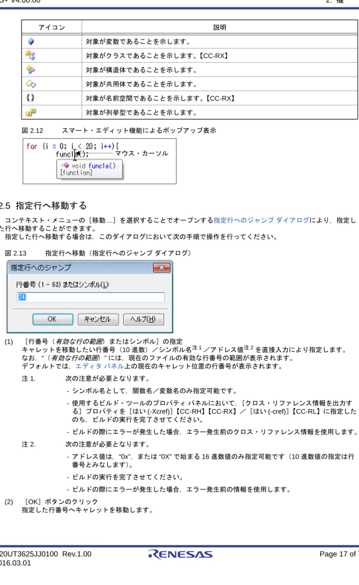 図 2.12 スマート・エディット機能によるポップアップ表示 2.5  指定行へ移動する コンテキスト・メニューの［移動 ...］を選択することでオープンする 指定行へのジャンプ ダイアログ により，指定し た行へ移動することができます。 指定した行へ移動する場合は，このダイアログにおいて次の手順で操作を行ってください。 図 2.13 指定行へ移動（指定行へのジャンプ ダイアログ） (1) ［行番号（有効な行の範囲）またはシンボル］の指定 キャレットを移動したい行番号（10 進数）／シンボル名 注 1 ／ア