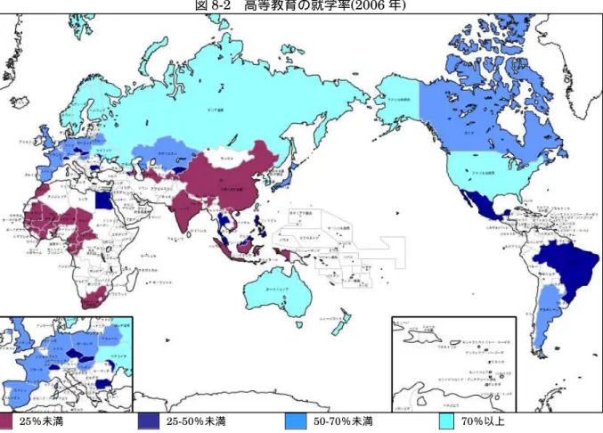 図 8-2 高等教育の就学率 (2006 年 )  25％未満  25-50％未満  50-70％未満  70％以上  ＊高等教育：中等教育修了又は同等の資格を入学条件とする，大学および専門学校等における教育プログラム。 ＊就学率：就学年齢人口に対する在学者数の割合。 （就学年齢以外の在学者数も含む） 。 データは，国・公・私立学校およびその他の教育機関の合計である。 原則として各国の調査や行政記録等に基づいているが，ユネスコや各国の推計値による場合もある。