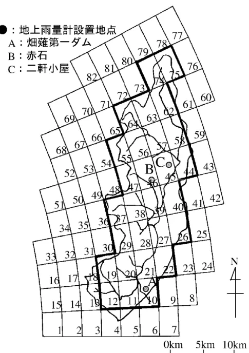 図 3.1  大井川上流域の地上雨量計設置点とレーダメッシュ構成図 