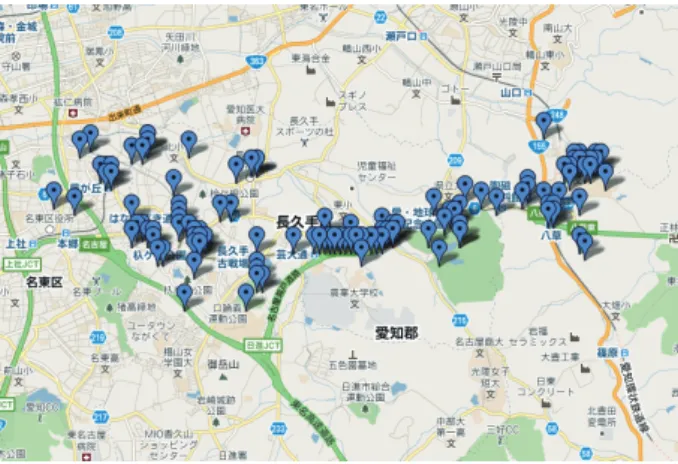 図 4.3，図 4.4 は，リニモ沿線以外の地域からのアク セス場所の分布を表しており，日本全国におけるアクセ ス場所の分布，愛知県におけるアクセス場所の分布であ る．本アプリによって提供される情報はリニモ沿線に限 定されたものであるが，アプリは App Store を通して全 国に配布されている．そのため，アプリに興味をもった  図 4.2 リニモ沿線地域からのアクセス分布  図 4.3 日本全国におけるアクセス分布  図 4.4 リニモ沿線以外の愛知県内アクセス分布  他地域の人が試用を行ったと思われる