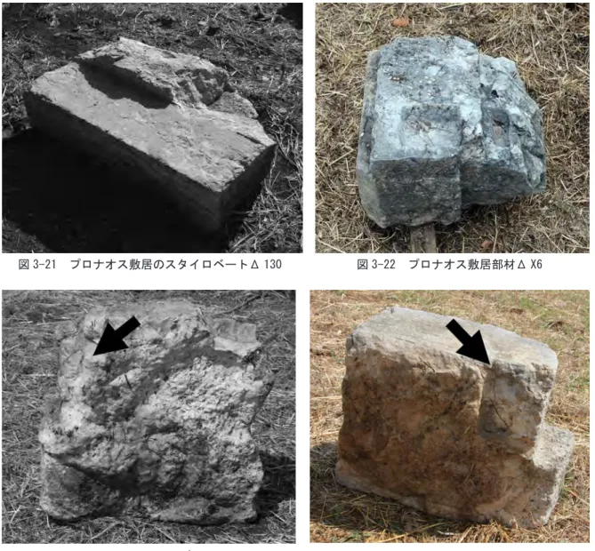 図 3-23　プロナオス敷居の底面の切り込み　左ΔＸ 6　右Δ 572図 3-21　プロナオス敷居のスタイロベートΔ 130 図 3-22　プロナオス敷居部材Δ X6 図 3-24　プロナオス敷居部材復元図ẁᕪ௜ࡁ௙ୖࡆ㠃ᩜᒃࡢࢲ࣎✰ 0.446 㔜࡞ࡿ㒊ศࡢษࡾ㎸ࡳǼX6Ǽ572Ǽ130