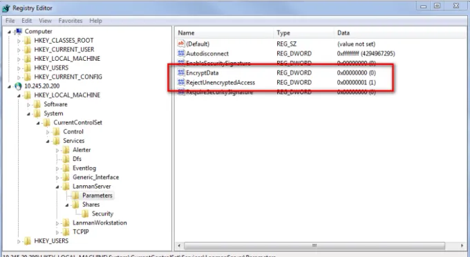 図 11  SMB 暗号化のレジストリ値の場所  VNX で type=Encrypted エクスポート・オプションを使用して、シェア・レベルで暗 号化を有効にすることもできます。暗号化を有効にすると、その暗号化されたシェア の利用時にのみ、SMB のペイロードが暗号化されます。  また、RejectUnencryptedAccess 値と type=Encrypted エクスポート・オプション を組み合わせて、SMB 3.0 未満のクライアントからアクセスが試行されたときの動作 を制御することもできます。