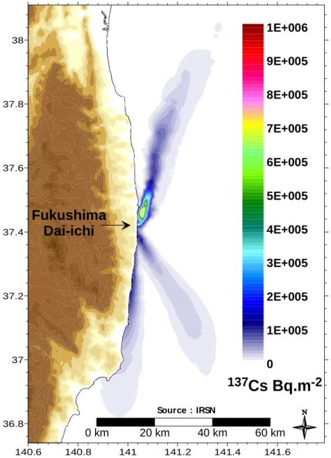 Figure 4 - Répart ition du dépôt  at mosphérique t ot al de  137 Cs sur la mer au 23 mars,  est imée 