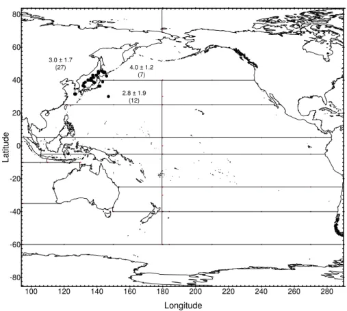 FIG. 28.  90 Sr in NW Pacific surface sediment (1996-2000), decay-corrected to 01.01.2000,  Bq/kg dw.