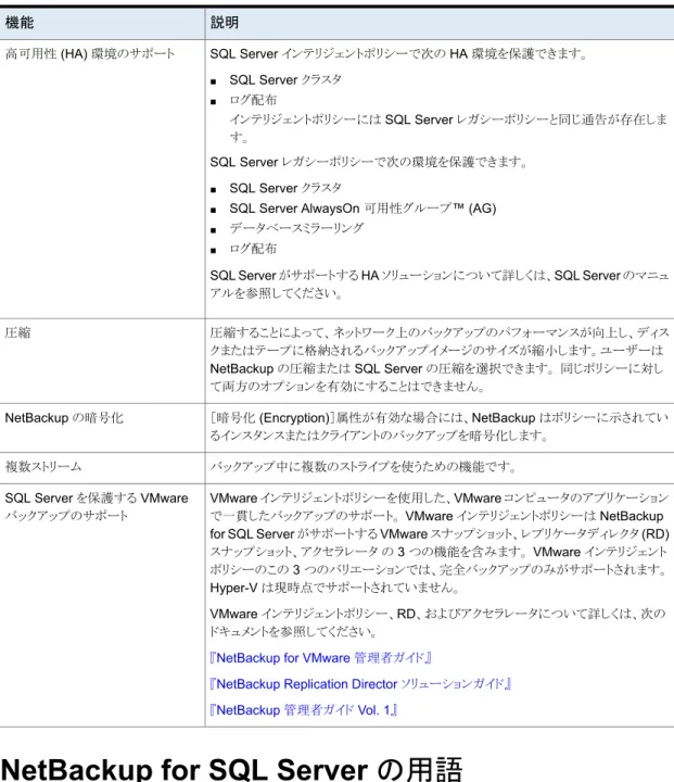 表 1-2  に、SQL Server データベース管理者または NetBackup 管理者にとって重要な 新規用語を示します。