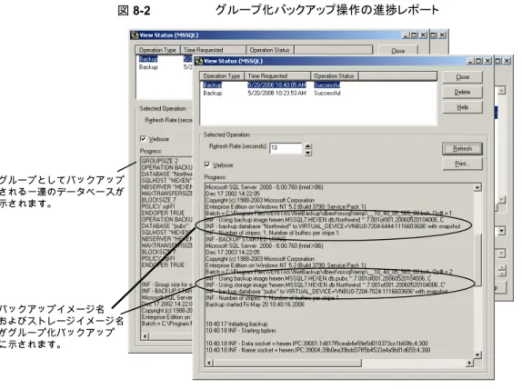 図 8-2 グループ化バックアップ操作の進捗レポート グループとしてバックアップ される一連のデータベースが 示されます。 バックアップイメージ名 およびストレージイメージ名 がグループ化バックアップ に示されます。 グループ化バックアップされたデータベースのリストア グループ化バックアップされたデータベースは、他のデータベースと同じようにリストアで きます。 p.85 の  「SQL Server データベースのバックアップのリストア」  を参照してください。 リストア操作を開始する場合、バッチファイルに