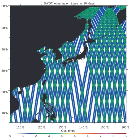 Fig. 8.   Number of observations of SWOT in 10 days; based on the orbit parameters planned in August, 2013