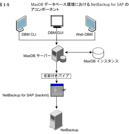 図 1-5 MaxDB データベース環境における NetBackup for SAP のソフトウェ アコンポーネント