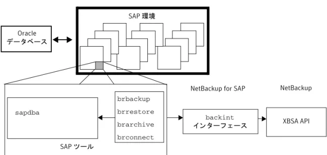 図 1-3 に、Oracle データベース環境におけ る NetBackup for SAP の コ ンポーネン ト を示し ます。