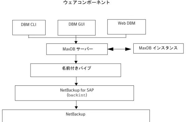 図 1-5 に、MaxDB データベース環境におけ る NetBackup for SAP の コ ンポーネン ト を示し ます。