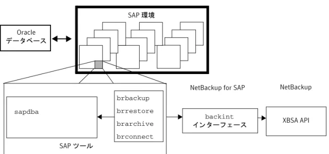 図 1-3 に、Oracle データベース環境におけ る NetBackup for SAP の コ ンポーネン ト を示し ます。