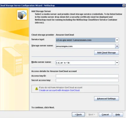 図 2-3  は、Amazon GovCloud クラウドストレージの［クラウドストレージ構成ウィザード (Cloud Storage Configuration Wizard)］を示しています。