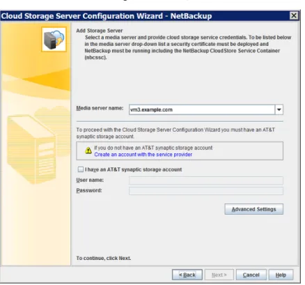 図 2-4 は AT&amp;T クラウドストレージの［クラウドストレージサーバーの構成ウィザード (Cloud Storage Server Configuration Wizard)］パネルを示します。