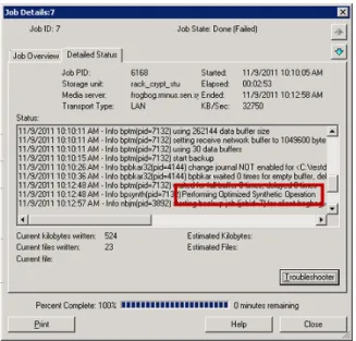 図 2-5 バックアップが最適化合成であったことを確認する バックアップポリシーの作成 バックアップポリシーを構成する最も簡単な方法は、ポリシーの構成ウィザードを使用す ることです。このウィザードではセットアップ処理の手順が示され、ほとんどの構成の最適 な値が自動的に選択されます。 ポリシー構成オプションがすべてウィザードで表示されるわけではありません。たとえば、 カレンダーを基準としたスケジュールと［データの分類 (Data classification)］の設定がこ れに当たります。ポリシーが作成された