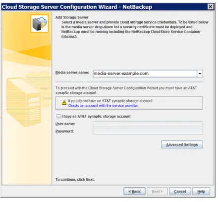 図 3-4 AT&amp;T の［クラウドストレージサーバーの構成ウィザード (Cloud Storage Server Configuration Wizard)］パネル