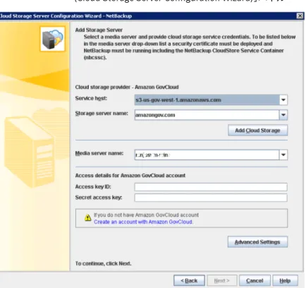 図 2-3 Amazon GovCloud の［クラウドストレージサーバーの構成ウィザード (Cloud Storage Server Configuration Wizard)］パネル