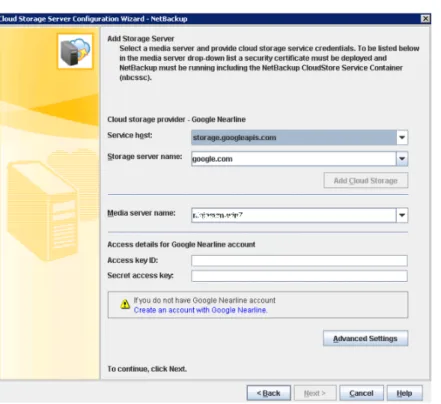 図 2-6  は、Google Nearline クラウドストレージの［クラウドストレージサーバーの構成ウィ ザード (Cloud Storage Server Configuration Wizard)］パネルを示しています。 図 2-6 Google Nearline の［クラウドストレージサーバーの構成ウィザード