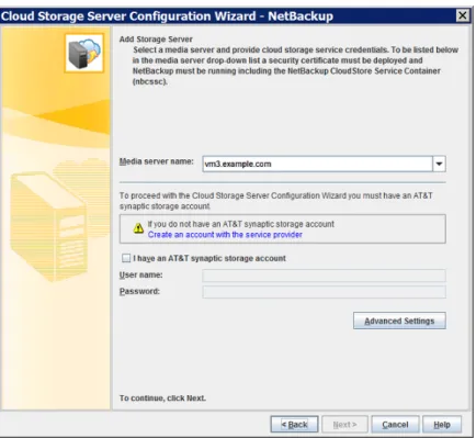 図 2-4 AT&amp;T の［クラウドストレージサーバーの構成ウィザード (Cloud Storage Server Configuration Wizard)］パネル