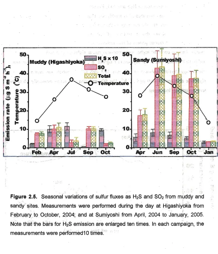 Figure 2.5. Seasonal variations of sulfur fluxes as H2S and SO2 from muddy and sandy sites