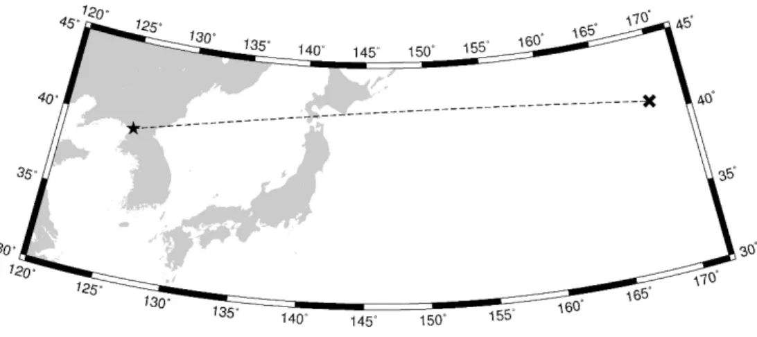 図 3.5	 2017 年 9 月 15 日早朝に発射された IRBM 級ミサイルの弾道イメージ。星印 が発射地点、×印が落下地点を示す。 
