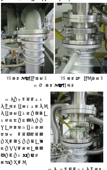 図 7  (1)  に示すように、連結にボルト接続を使う。した がって、分解はボルトを全て外して行う必要があり、作 業性が著しく悪かった。また、ボルト締めに不良がある と、真空漏れを起こすことがあり、組み付ける時に十分 な注意を払う必要がある。これらのことから、真空関係 の専門業者に外注を頼むこともしばしばであった。   そこで、改良装置のバルブ及び配管を した。図 7  (2)  からわかるように、接続にクランプを用 いている。クランプの脱着は簡便であり、メンテナンス に関わる作業性は著しく向上する。  