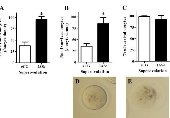 Fig 1. Effect of superovulation induced by eCG or IASe treatment on the viability and yield of vitrified–