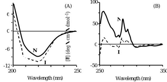 Figure 4. Far (A) and near (B) UV CD spectra of AGP in native state (N; solid line) and   membrane interaction mode (I; dashed line)