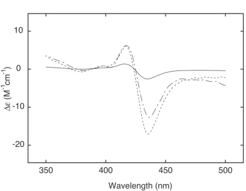 Figure 9. Induced CD spectra of 5 µM TMPyP4 in the presence of CTDNA at  R  = 0.1 (solid line), 0.05 (dashed line), and 0.01 (chained line)