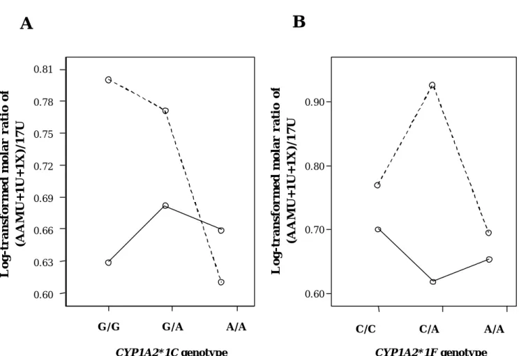 Fig. 5. Effects of  CYP1A2*1C  ( G- 3860 A) (A) and  CYP1A2*1F (C - 163 A) (B) genotype  on the log- transformed molar ratio of (AAMU+1U+1X)/17U for CYP1A2 activity in  non- smokers (n = 180,  solid line) and smokers (n = 44, dashed line )